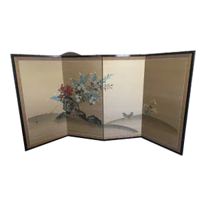 Mid 20th Century Asian Japanese Floral Bird 4 Panel Byobu Screen Divider Signed