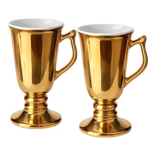 Vintage Mid-Century Hall China Gold Luster Pedestal Irish Coffee Mugs — Pair, Model 1273 — Made in Usa For Sale
