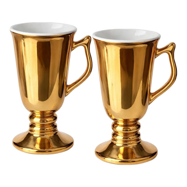 Vintage Mid-Century Hall China Gold Luster Pedestal Irish Coffee Mugs — Pair, Model 1273 — Made in Usa For Sale