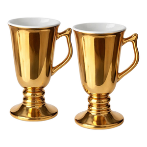 Vintage Mid-Century Hall China Gold Luster Pedestal Irish Coffee Mugs — Pair, Model 1273 — Made in Usa