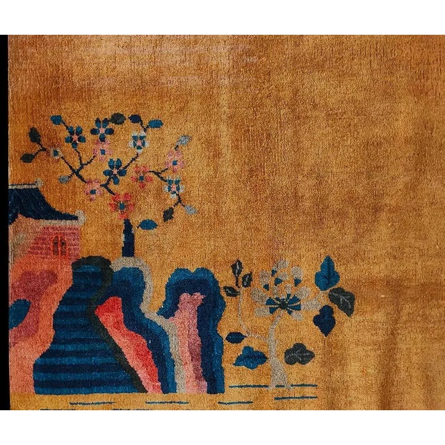 1920s Orange Medallion Scene Antique Chinese Art Deco Carpet 6' X 8'6 Knotted Wool Rug For Sale In New York - Image 6 of 9