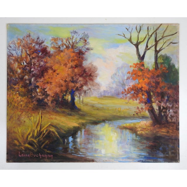 Vintage Autumn Riverside Impressionist Landscape Painting For Sale - Image 4 of 4
