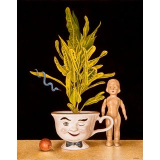 Sinful Thoughts by Thane Gorek | Oil on board Still life of a plant in a cup with a doll and a ball For Sale