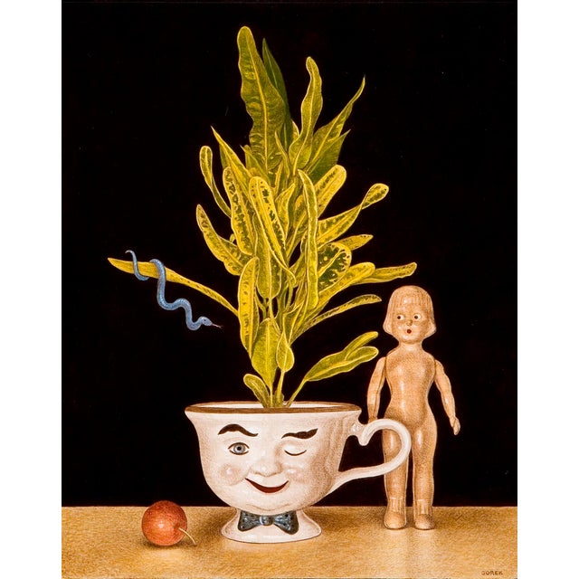 Sinful Thoughts by Thane Gorek | Oil on board Still life of a plant in a cup with a doll and a ball For Sale