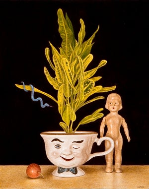 Sinful Thoughts by Thane Gorek | Oil on board Still life of a plant in a cup with a doll and a ball