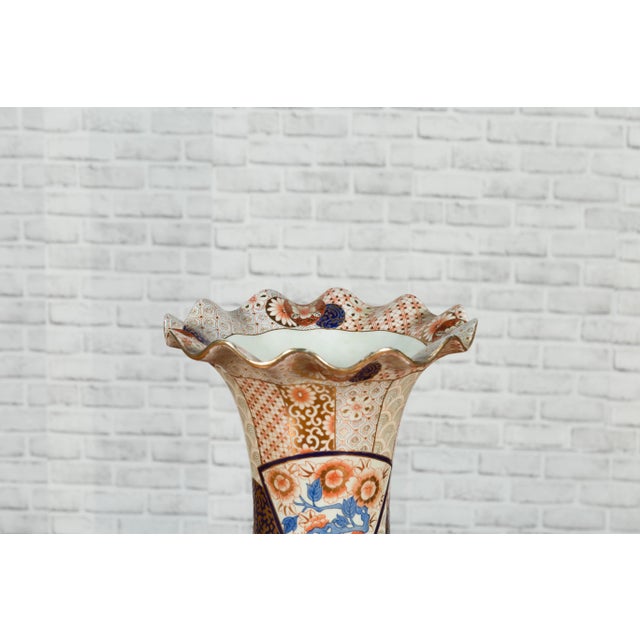 Ceramic Tall Vintage Chinese Vase with Hand Painted Blue, Orange and Gold Floral Decor For Sale - Image 7 of 11
