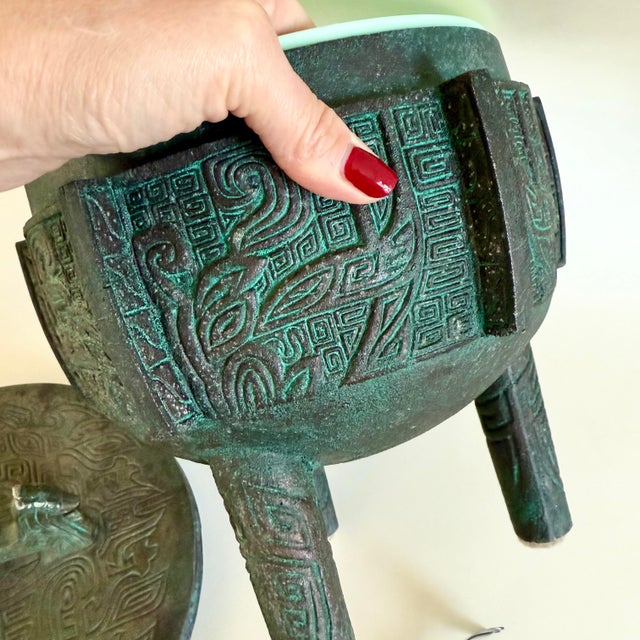 James Mont 1960s Mid Century Modern James Mont Ice Bucket Asian Aztec Mayan Patinated Bronze VTG For Sale - Image 4 of 9