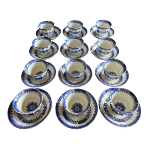 Mid 19th Century 12 Antique Blue Transfer Decorated Cup & Saucers, "Dagger Border" by J. Wedgwood