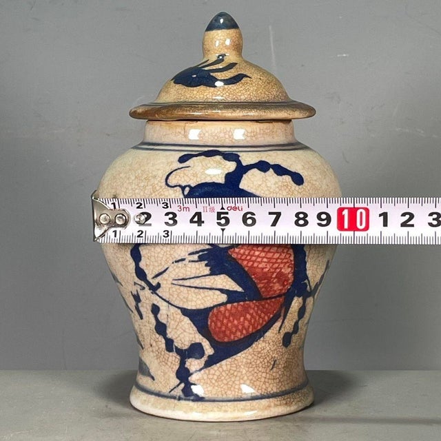 Ceramic Blue & White Porcelain Ginger Jar With Red Fish Motif & Crackle Glaze, 6.3" For Sale - Image 7 of 9