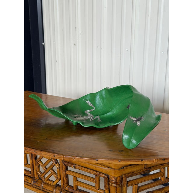 Vintage Sculptural Green Leaf Form Metal Centerpiece Bowl With Découpage Appliqué For Sale - Image 9 of 12