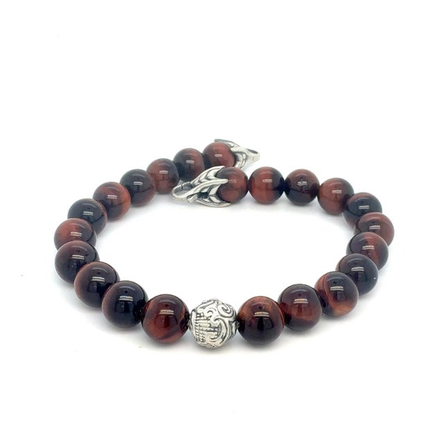 Traditional 1990s David Yurman Tiger Eye Carved Ball Bracelet 8" 8 mm Sterling Silver Estate For Sale - Image 3 of 6