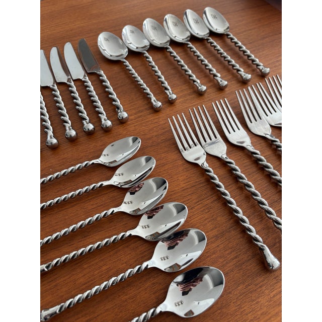 Vintage Stainless Steel Cutlery Service with Twisted Handles, 1990s, Set of 24 For Sale - Image 3 of 6
