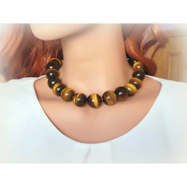 Metal Natural Tiger's Eye Statement Necklace With Large Hand-Knotted Gemstone Beads & Sterling Silver Clasp For Sale - Image 7 of 9