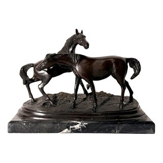 Bronze Horse Sculpture on Black Marble Base by A.J. Rock For Sale