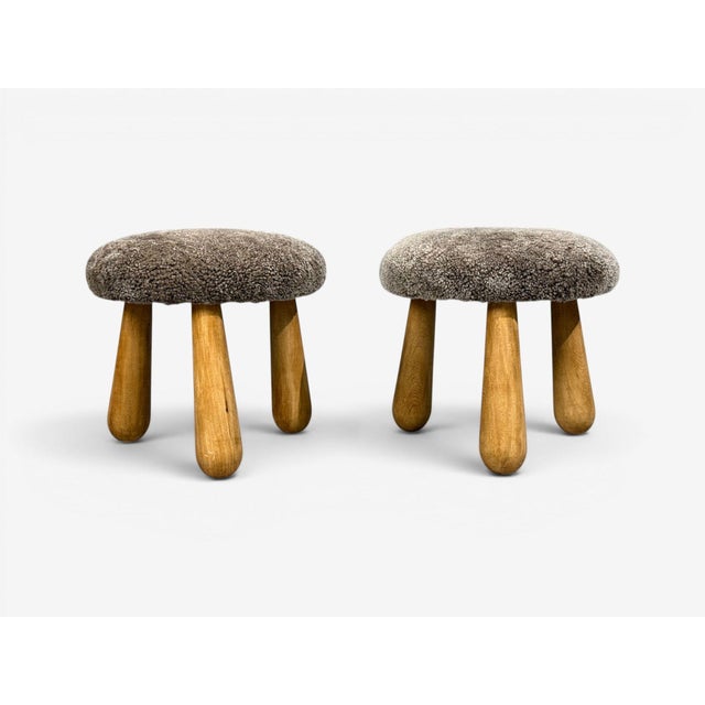 Danish Modern Style, Gray Sahara Sheepskin, Maple, Shearling Footstools or Ottomans, USA, 21st c. A one-of-a-kind pair of...