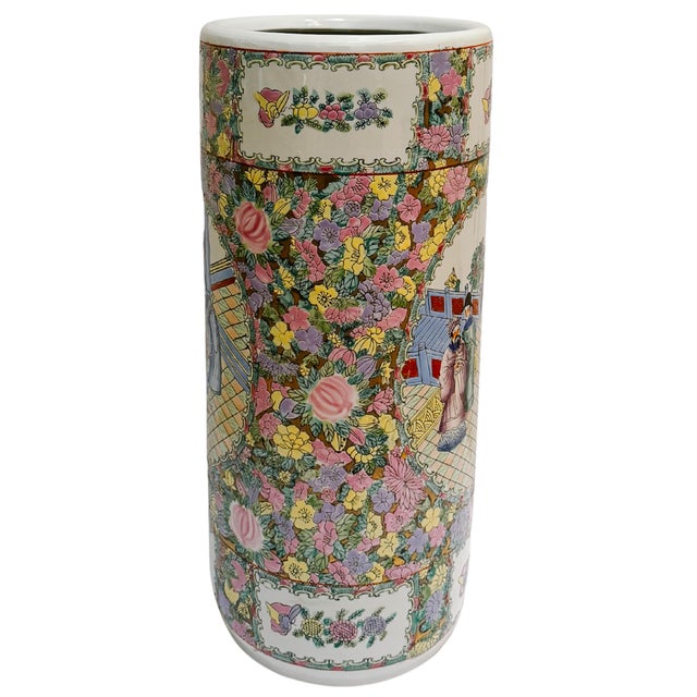 Standing a little over 18" tall this beautiful vintage ceramic chinoiserie umbrella holder will tower over your foyer...
