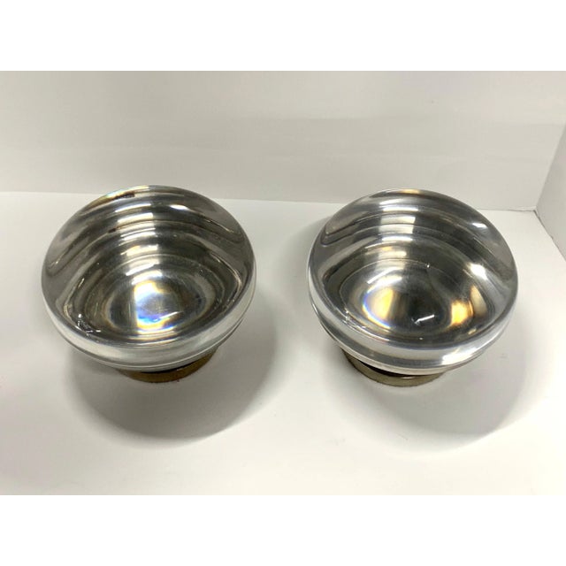 A pair of vintage Charles Hollis Jones magnifying covered vessels in Lucite and nickel finish. Measure approximate: 6...