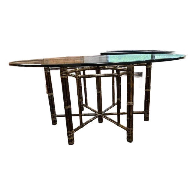 McGuire Baker Round Glass Top Faux Rattan Base Dining Table.Original Thick Glass Top 3/4”. For Sale