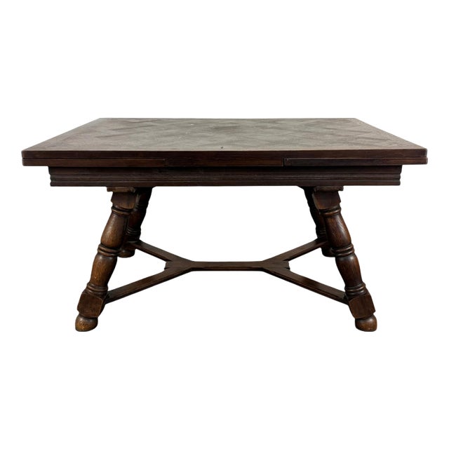 Extendable Oak Table with Parquet Top and Baluster Base For Sale