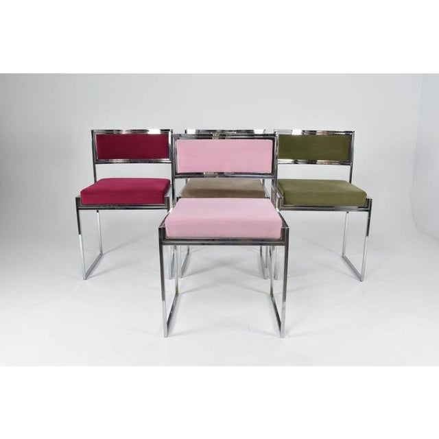 Hollywood Regency Set of “Sq-Al” Dining Chairs by Willy Rizzo, Chrome and Velvet, Italy, 1970s For Sale - Image 3 of 14
