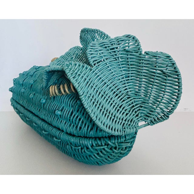 1980s Vintage Artisan Wicker Turquoise Eggplant W/ Lid For Sale - Image 5 of 8