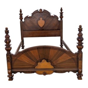 1990s Hand Carved Victorian Mansion Oak Bedframe | Full Size Solid Wood Bed Frame | Ornate Victorian Revival Traditional Furniture