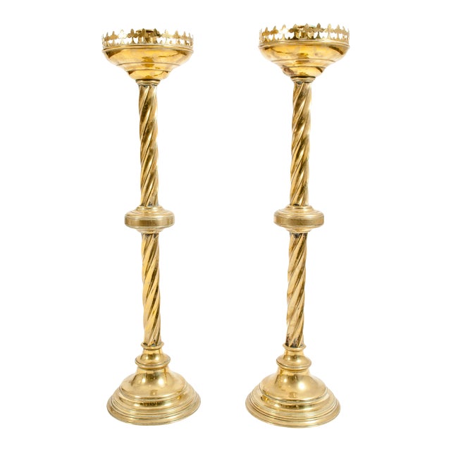 Tall Decorative 19th Century Gothic Style Brass Candlesticks A