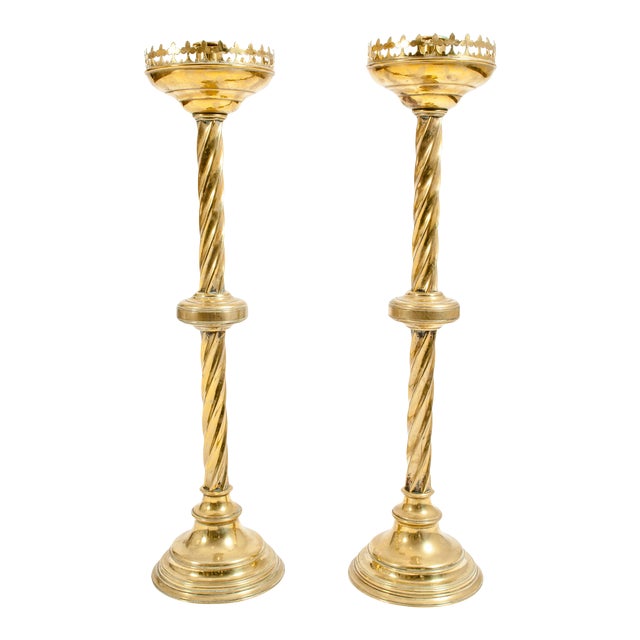 Tall Decorative 19th Century Gothic Style Brass Candlesticks - a Pair