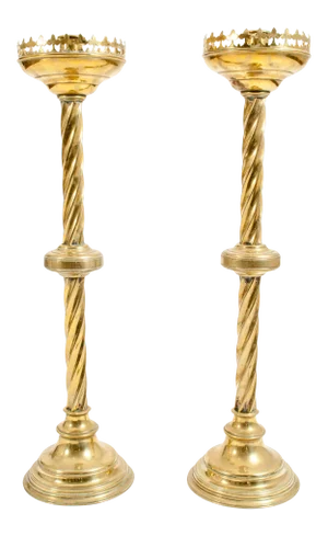 Tall Decorative 19th Century Gothic Style Brass Candlesticks - a Pair