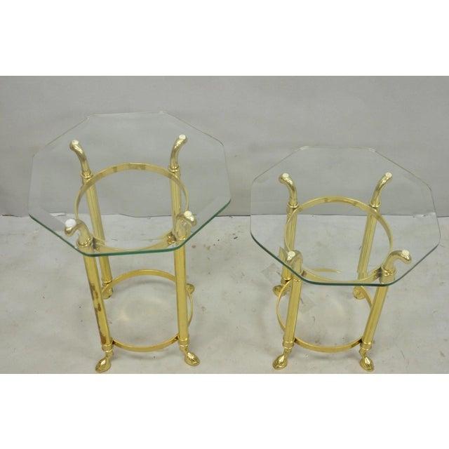 Vintage Hollywood Regency Brass Hoof Foot Glass Top Graduating Side Table - Pair For Sale - Image 4 of 15