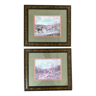 Vintage John Frederick Herring Richard Berenholtz Sr English Fox Hunting Prints Framed Pair Burl For Sale