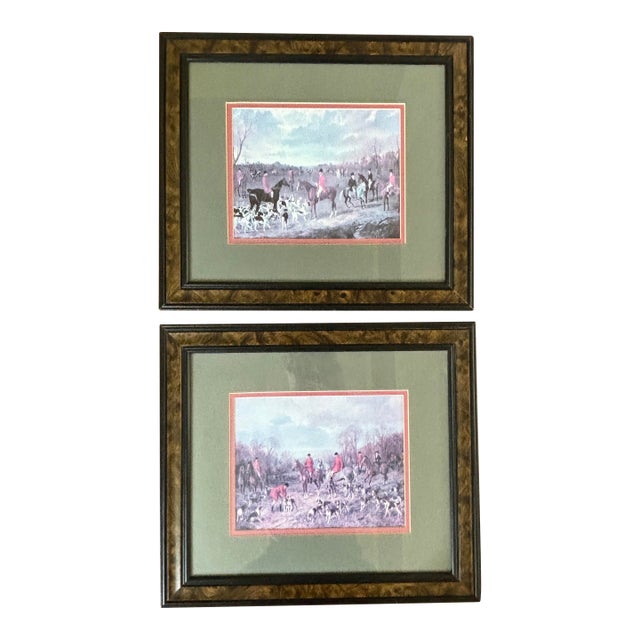 Vintage John Frederick Herring Richard Berenholtz Sr English Fox Hunting Prints Framed Pair Burl For Sale