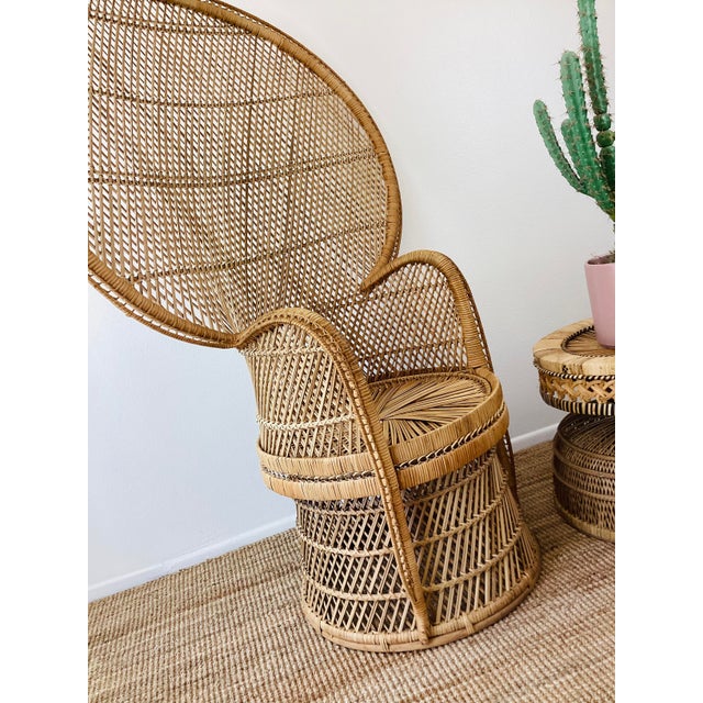 Tan Vintage 1970s Woven Rattan Fan Back Peacock Chair Boho Chic Style For Sale - Image 8 of 9