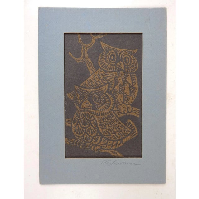 Mid-Century Modern Small Vintage Mid 20th Century Woodcut Owls Print For Sale - Image 3 of 3