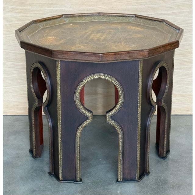 Mid 20th Century Hand Carved Wood Moroccan Side Table with Embossed Metal Top For Sale - Image 9 of 18