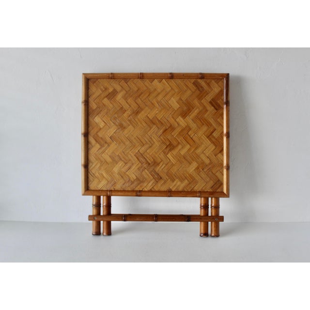 1970s Vintage French Style Handcrafted Rectangle Bamboo Serving Folding Table Center Table X-Base Mid-Century For Sale - Image 5 of 14