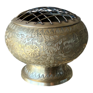 Circa 1970 Engraved Floral & Foliate Ikebana-Style Brass Pedestal Base Flower Frog