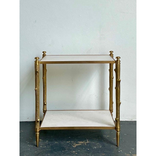 Mid-Century Modern Vintage Brass Faux Bois Two-Tier Table For Sale - Image 3 of 12