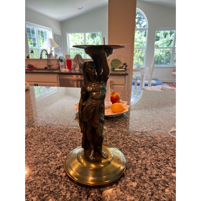 Antique Egyptian Revival Brass Figural Candle Holder Stand For Sale In Philadelphia - Image 6 of 7