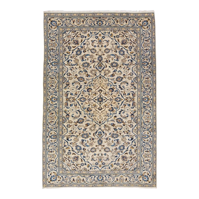 1960s Vintage Persian Kashan Handmade Beige Floral Wool Rug For Sale