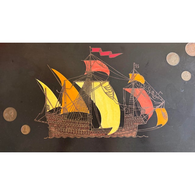 Vintage Mid-Century Modern Couroc of Monterey Sailing Ship W/Inlaid Coins Bar Serving Tray For Sale In Los Angeles - Image 6 of 9
