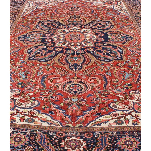 Large Persian Heriz Rug With Geometric Medallion in Rust, Yellow, Green and Blue For Sale In Atlanta - Image 6 of 12