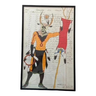 Contemporary Travis Blackbird Drawing on Ledger Sheet Dated 1859 "Elk Dancer" by Native American Artist Signed For Sale
