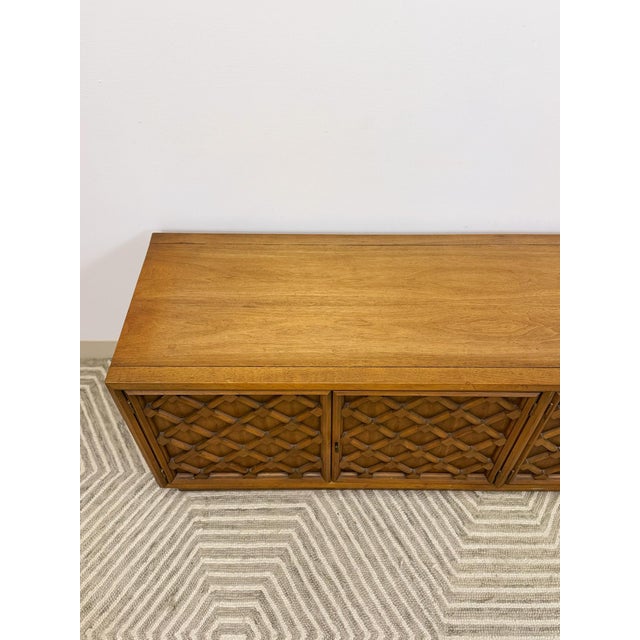 Drexel Drexel Collage MCM Low Console Lattice Door Faces Vintage Credenza Finished Back For Sale - Image 4 of 16