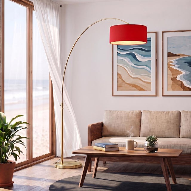 A bold crimson shade, a sweeping brass arch - overhead light with zero installation. The Float Arc Lamp is a modern arc...