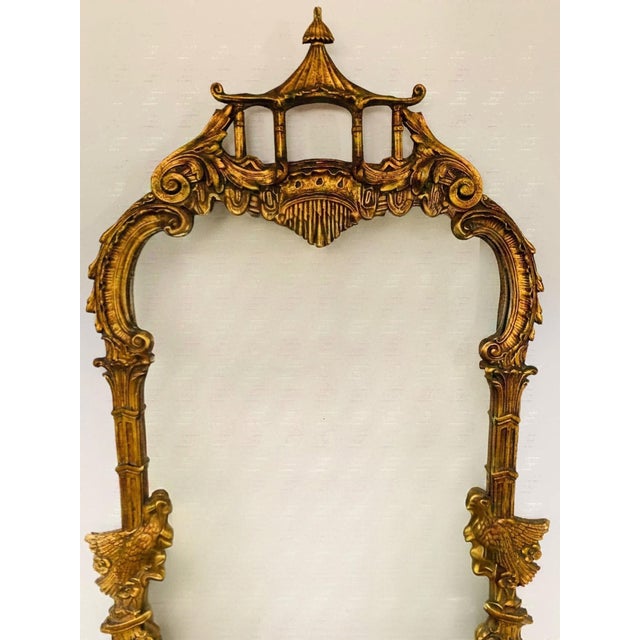 Mid 20th Century Chinese Chippendale Carved Giltwood Pagoda Birds Mirror For Sale - Image 5 of 7