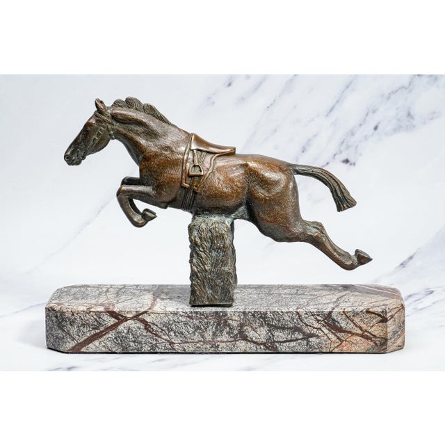Metal Finely Cast Vintage Bronze Jumping Horse Statue Sculpture Marble Base Equestrian For Sale - Image 7 of 14