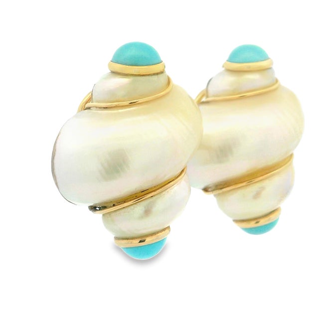 Vintage Maz Jumbo 14k Gold Shell and Turquoise Cabochon Earrings, A Pair For Sale - Image 4 of 11