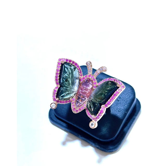 Traditional Bochic “Orient” Pink Sapphires & Tourmaline Ring Set in 18k Gold & Silver Size 9 For Sale - Image 3 of 5