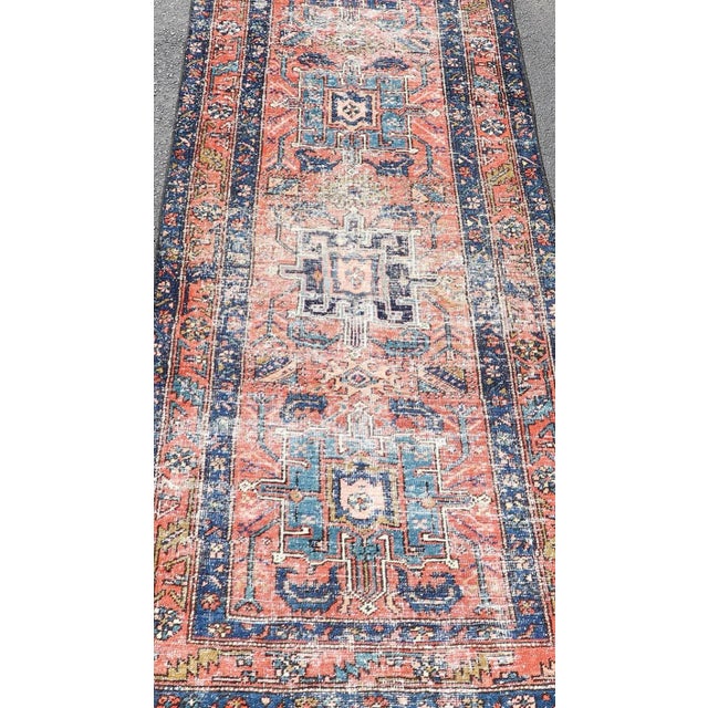 Tribal Geometric Medallion Antique Persian Heriz Runner in Orange-Red and Blue For Sale - Image 3 of 11